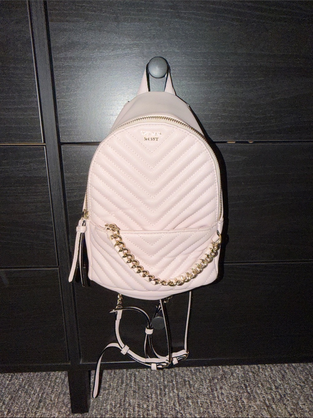 Victoria’s Secret Light Pink Quilted Mini Backpack with Gold Chain Accent